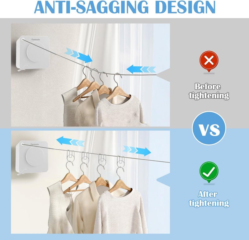 Flamiracle Retractable Clothesline Indoor, Non-Sagging Outdoor Clothes Line Retracting 15.7 Feet Heavy Duty Laundry Line Retractable Wall Mounted Clothes Line Outdoors (Square-White) - Image 2